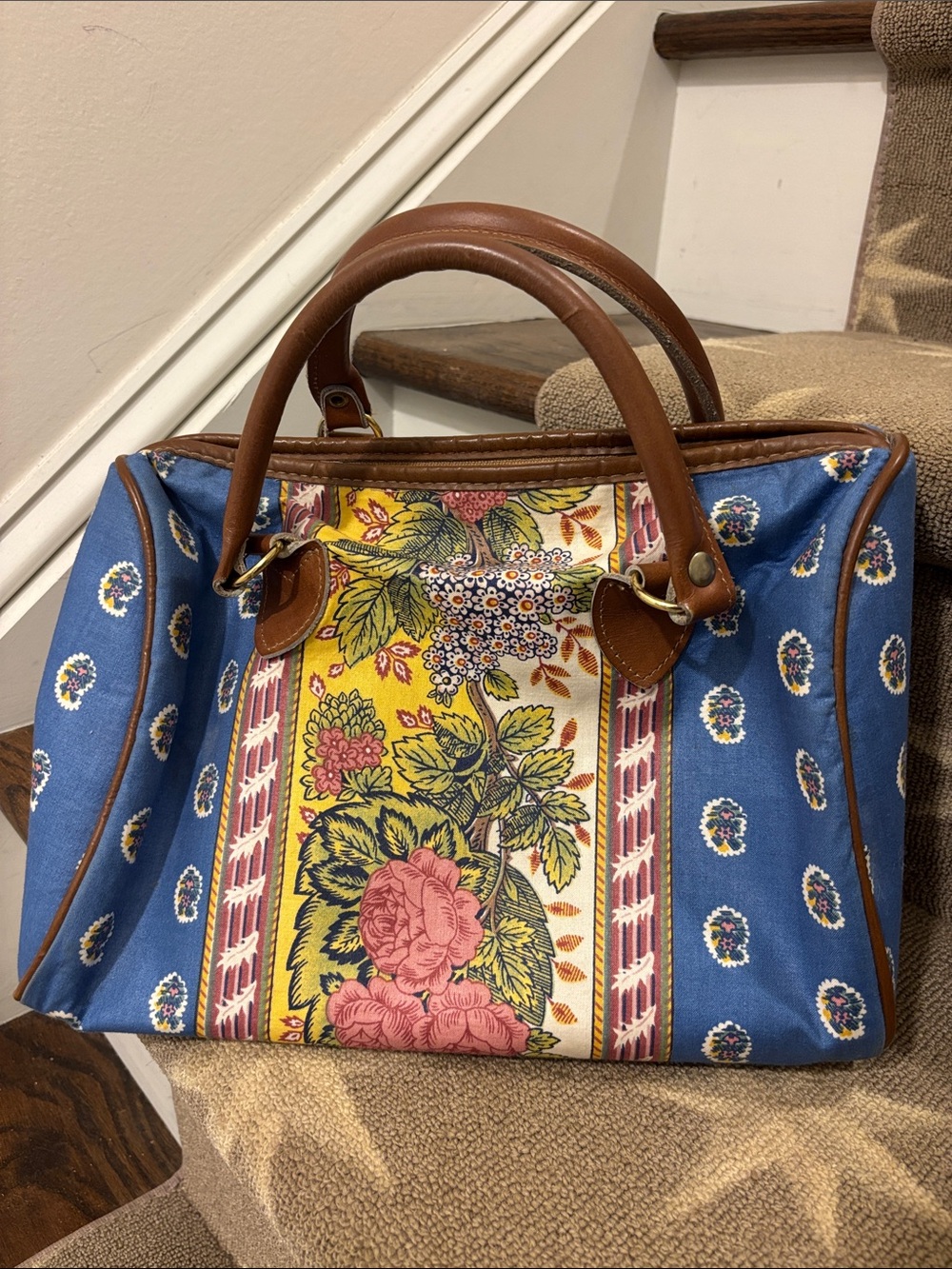 Vintage Floral Tapestry Canvas Satchel with Brown Handles